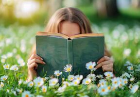 Woman Reading Book In Field Of Daisies On Sunny Day photo