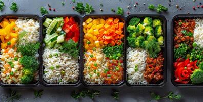 Prepared Meal Containers With Various Vegetables, Rice, and Protein photo
