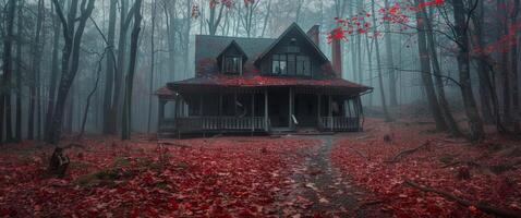 Foggy Forest Cabin With Red Leaves on a Dark Day photo