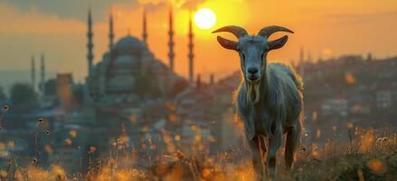 A Goat Standing in Front of the Hagia Sophia at Sunset in Istanbul, Turkey photo