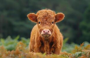 Close Up Portrait of a Brown Highland Calf Standing in Autumn Foliage photo