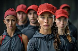 Focused Athlete in Red Cap Leading a Team During Outdoor Training photo