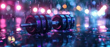 Purple Dumbbell Lying In Rain With Bokeh Lights photo