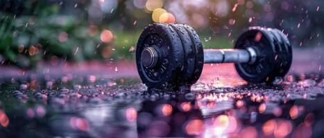Purple Dumbbell Lying In Rain With Bokeh Lights photo