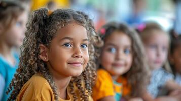 Young Girl With Curly Hair Smiles During Indoor Event photo