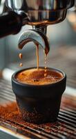 Espresso Machine Pouring Coffee Into Black Cup With Coffee Beans photo