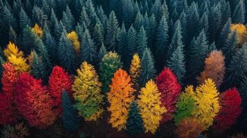 Aerial View of Colorful Fall Trees in a Green Forest photo