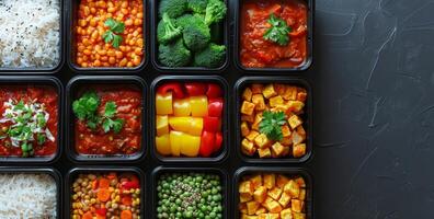 Prepared Meal Containers With Various Vegetables, Rice, and Protein photo