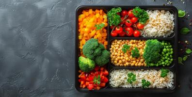 Prepared Meal Containers With Various Vegetables, Rice, and Protein photo
