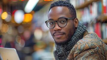 A Man Wearing Glasses and a Scarf Smiles at the Camera in a Bookstore photo