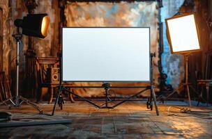 Modern Television Screen With Blurred Light Bokeh on Rustic Wooden Table in Cozy Cafe photo