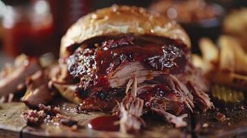 Close Up Of A Pulled Pork Sandwich With Barbecue Sauce On A Wooden Cutting Board photo