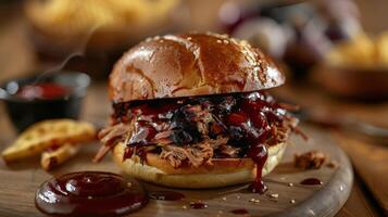 Close Up Of A Pulled Pork Sandwich With Barbecue Sauce On A Wooden Cutting Board photo