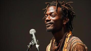 Man With Dreadlocks Performing With Microphone On Stage photo