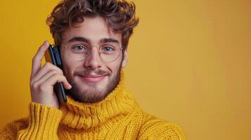 Smiling Man Talking on Phone in Yellow Sweater Against Yellow Background photo