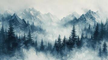 Snowy Mountain Range View From Forest Clearing photo