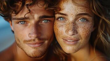 Close Up Portrait of a Young Couple With Freckles and Blue Eyes photo