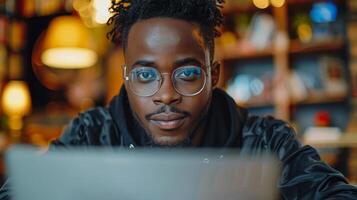 A Man Wearing Glasses and a Scarf Smiles at the Camera in a Bookstore photo