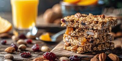 Stacked Granola Bars With Dried Fruit, Nuts, and Orange Juice on Rustic Wooden Surface photo