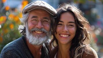 Happy Elderly Man and Young Woman Smiling Together Outdoors photo