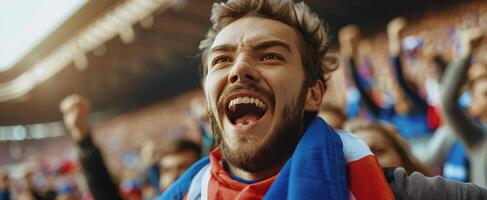 Excited Fan Cheers During A Night Game At A Stadium photo