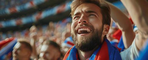 Excited Fan Cheers During A Night Game At A Stadium photo