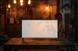Modern Television Screen With Blurred Light Bokeh on Rustic Wooden Table in Cozy Cafe photo
