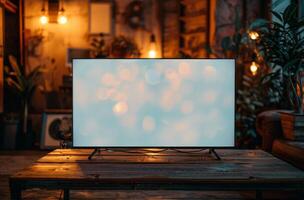 Modern Television Screen With Blurred Light Bokeh on Rustic Wooden Table in Cozy Cafe photo
