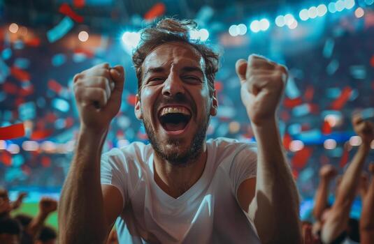 Excited Fan Cheering at a Stadium Event photo
