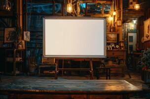 Modern Television Screen With Blurred Light Bokeh on Rustic Wooden Table in Cozy Cafe photo