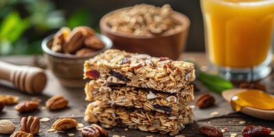 Stack of Homemade Oat Bars With Pecan and Dried Fruit on Wooden Table photo