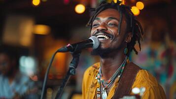 Man With Dreadlocks Performing With Microphone On Stage photo