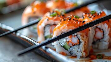 Close Up of Salmon and Crab Sushi Rolls With Chopsticks photo