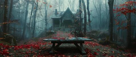 Foggy Forest Cabin With Red Leaves on a Dark Day photo