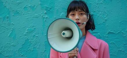 Woman Speaking Through A Megaphone In Front Of Teal Wall photo