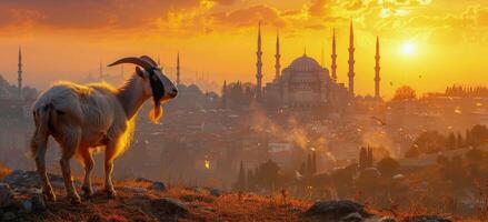 A Goat Standing in Front of the Hagia Sophia at Sunset in Istanbul, Turkey photo