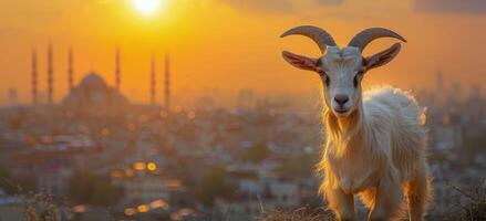 A Goat Standing in Front of the Hagia Sophia at Sunset in Istanbul, Turkey photo