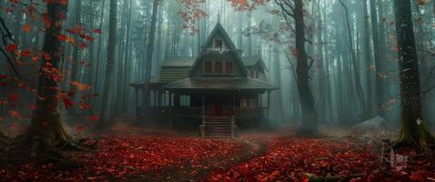 Foggy Forest Cabin With Red Leaves on a Dark Day photo