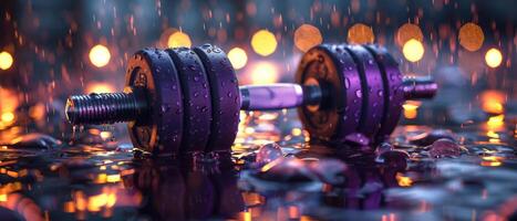 Purple Dumbbell Lying In Rain With Bokeh Lights photo