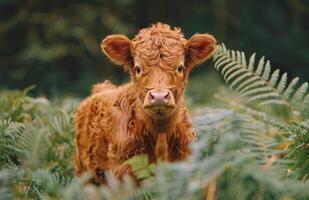 Close Up Portrait of a Brown Highland Calf Standing in Autumn Foliage photo