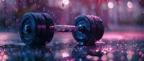 Purple Dumbbell Lying In Rain With Bokeh Lights photo