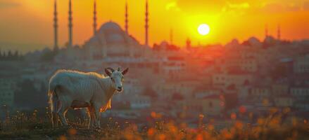 A Goat Standing in Front of the Hagia Sophia at Sunset in Istanbul, Turkey photo