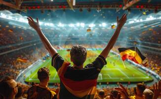 A Fan Cheers for the Team at a Packed Soccer Stadium photo