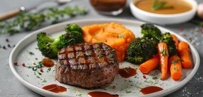 Grilled Steak With Sweet Potato Mash, Roasted Carrots, and Broccoli photo