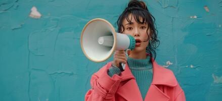 Woman Speaking Through A Megaphone In Front Of Teal Wall photo