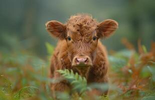 Close Up Portrait of a Brown Highland Calf Standing in Autumn Foliage photo