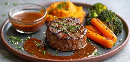 Grilled Steak With Sweet Potato Mash, Roasted Carrots, and Broccoli photo