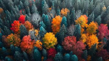 Aerial View of Colorful Fall Trees in a Green Forest photo