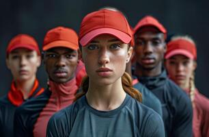 Focused Athlete in Red Cap Leading a Team During Outdoor Training photo