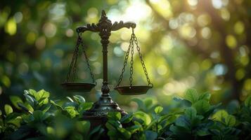 Ornate Scales of Justice Resting in Green Lush Foliage photo